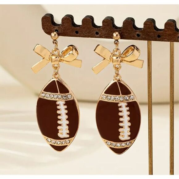 NWT 18K Bling Rhinestone Gold Toned Bowknot Football Dangle Earrings - Picture 2 of 7